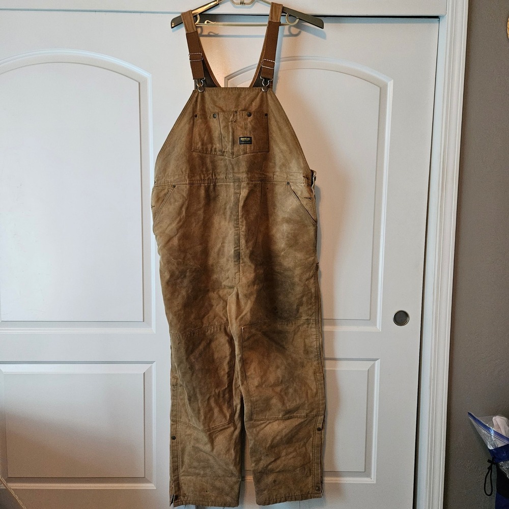 Vtg OshKosh B'Gosh Mens 50x32 Brown Insulated Canvas Work Overalls Double Knee